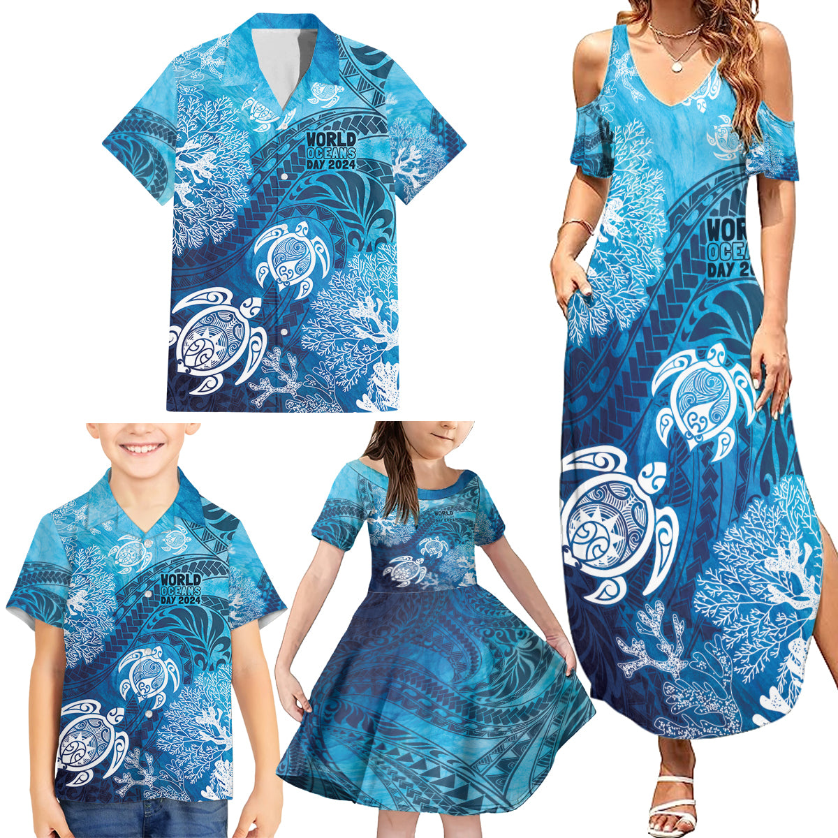 Hawaii World Ocean Day Family Matching Summer Maxi Dress and Hawaiian Shirt Kakau Turtles