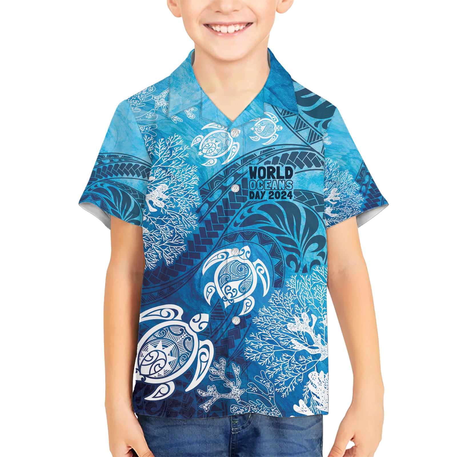 Hawaii World Ocean Day Kid Hawaiian Shirt Kakau Turtles LT7 Kid Blue - Polynesian Pride