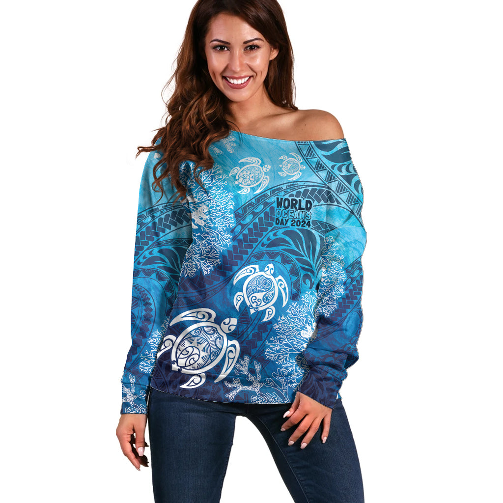 Hawaii World Ocean Day Off Shoulder Sweater Kakau Turtles