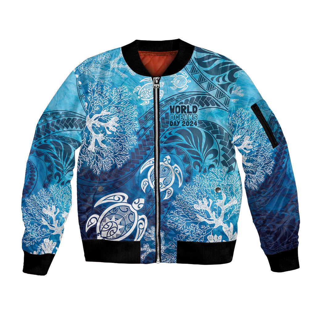 Hawaii World Ocean Day Sleeve Zip Bomber Jacket Kakau Turtles LT7 Unisex Blue - Polynesian Pride