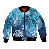 Hawaii World Ocean Day Sleeve Zip Bomber Jacket Kakau Turtles LT7 Unisex Blue - Polynesian Pride