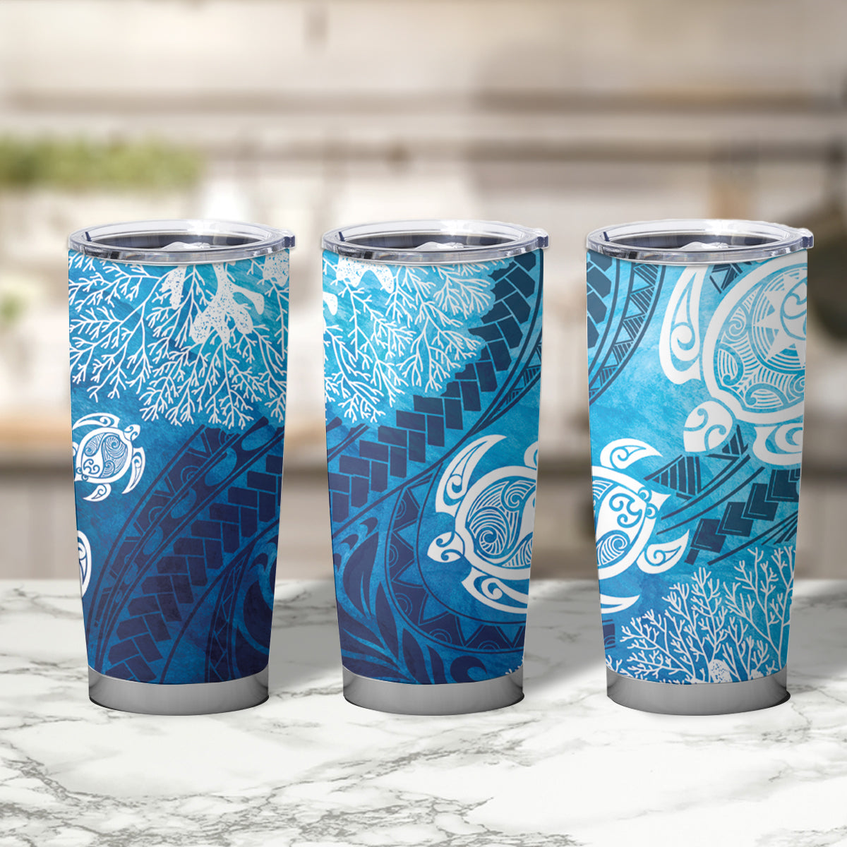 Hawaii World Ocean Day Tumbler Cup Kakau Turtles