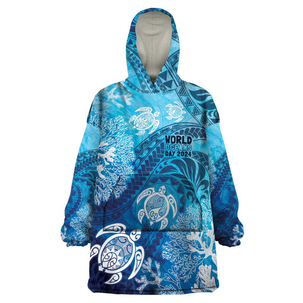 Hawaii World Ocean Day Wearable Blanket Hoodie Kakau Turtles