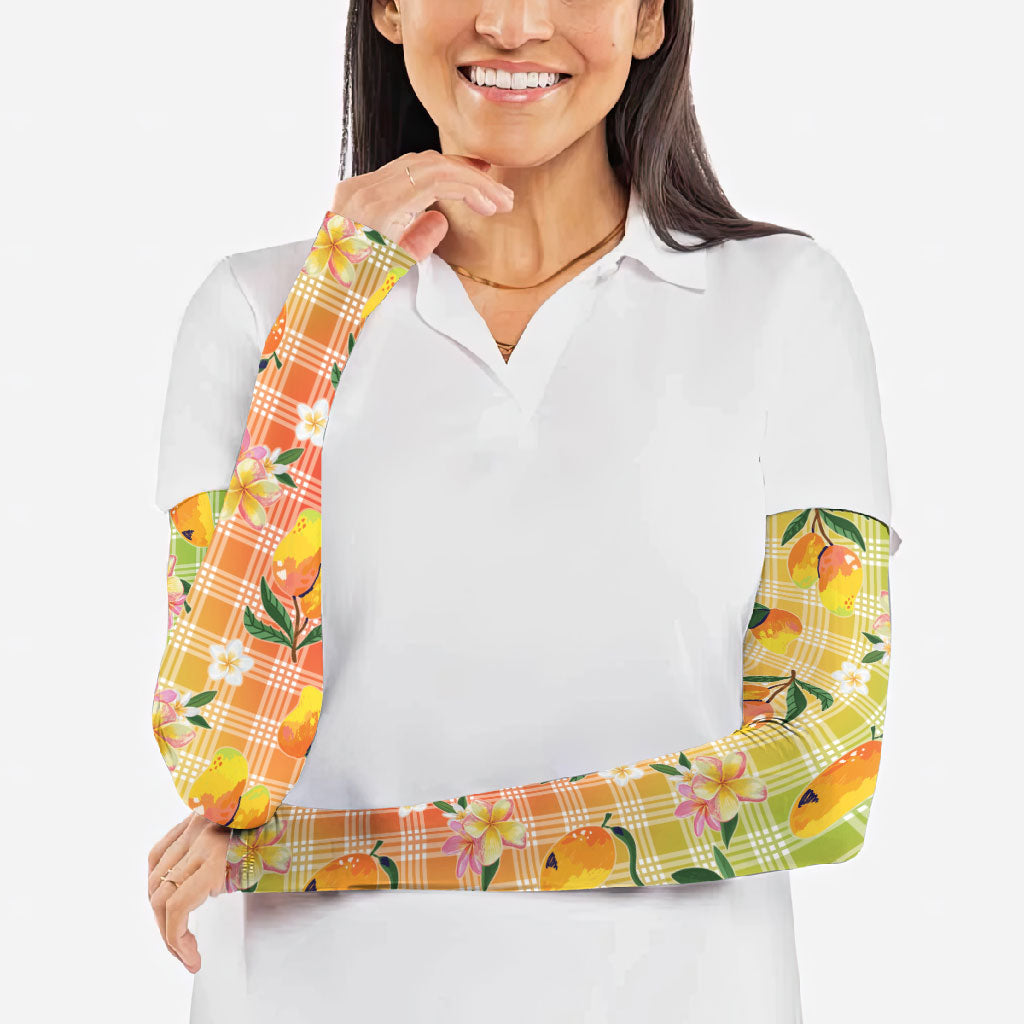 Aloha Hawaii Palaka Print Mango Plumeria Arm Sleeves Tropical Vibes