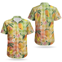 Aloha Hawaii Palaka Print Mango Plumeria Couples Matching Long Sleeve Bodycon Dress and Hawaiian Shirt Tropical Vibes