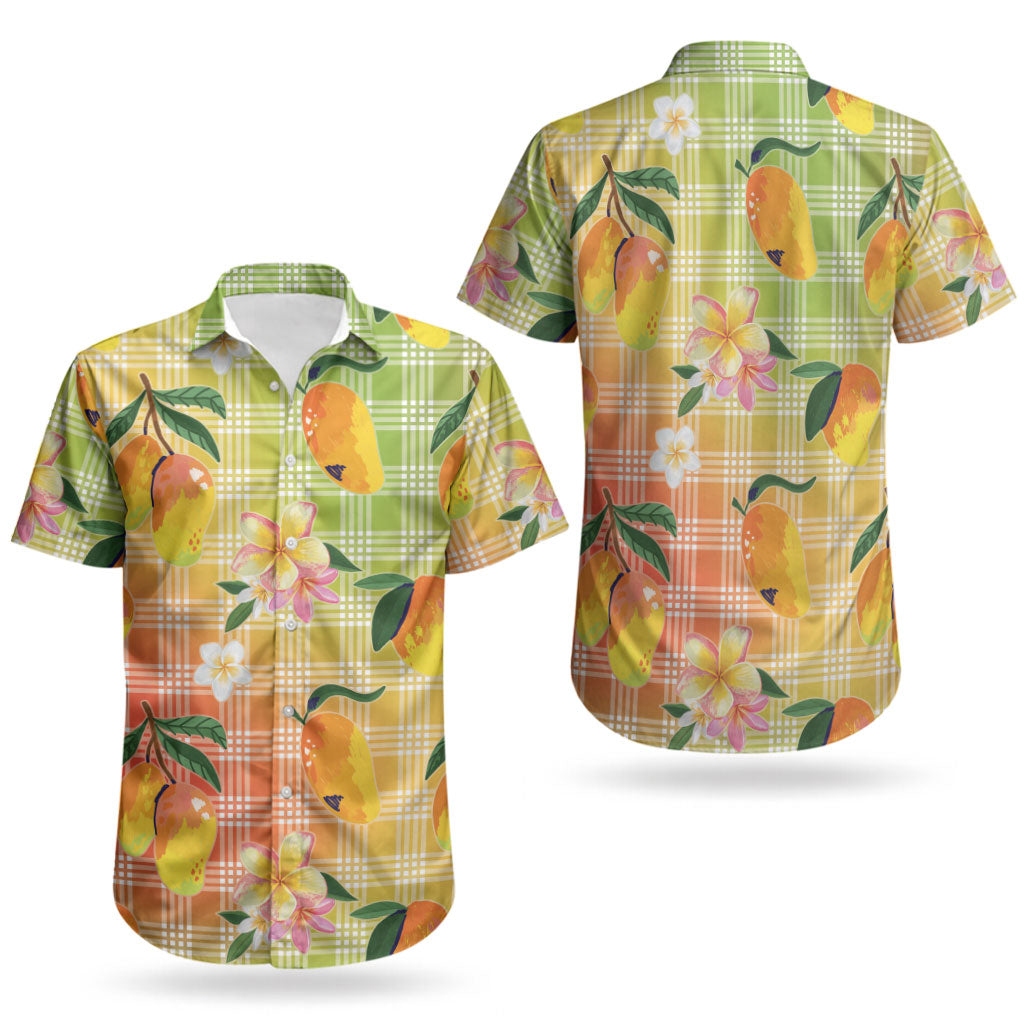 Aloha Hawaii Palaka Print Mango Plumeria Couples Matching Mermaid Dress and Hawaiian Shirt Tropical Vibes