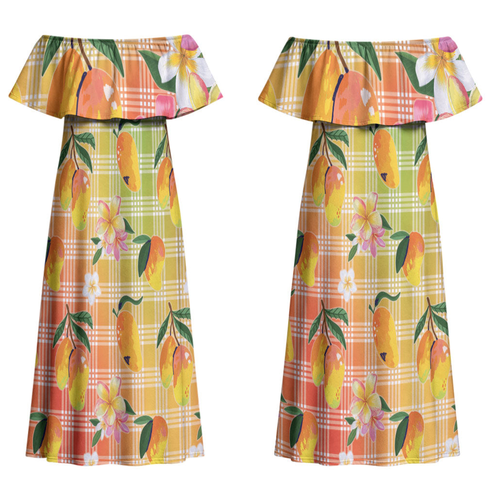 Aloha Hawaii Palaka Print Mango Plumeria Couples Matching Off Shoulder Maxi Dress and Long Sleeve Button Shirt Tropical Vibes