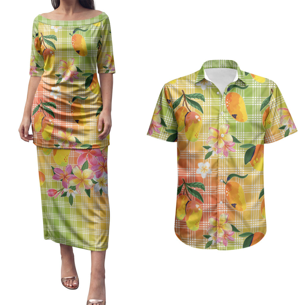 Aloha Hawaii Palaka Print Mango Plumeria Couples Matching Puletasi and Hawaiian Shirt Tropical Vibes