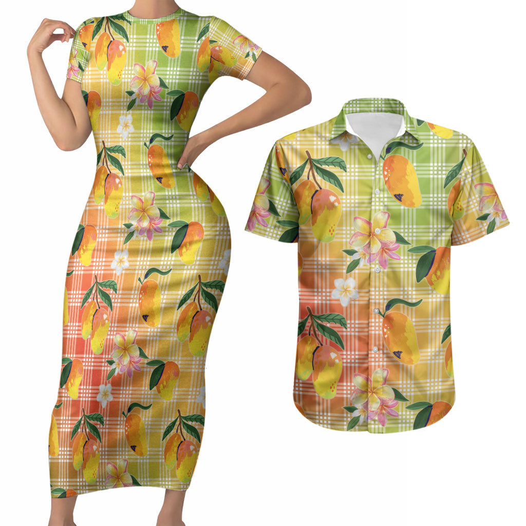 Aloha Hawaii Palaka Print Mango Plumeria Couples Matching Short Sleeve Bodycon Dress and Hawaiian Shirt Tropical Vibes