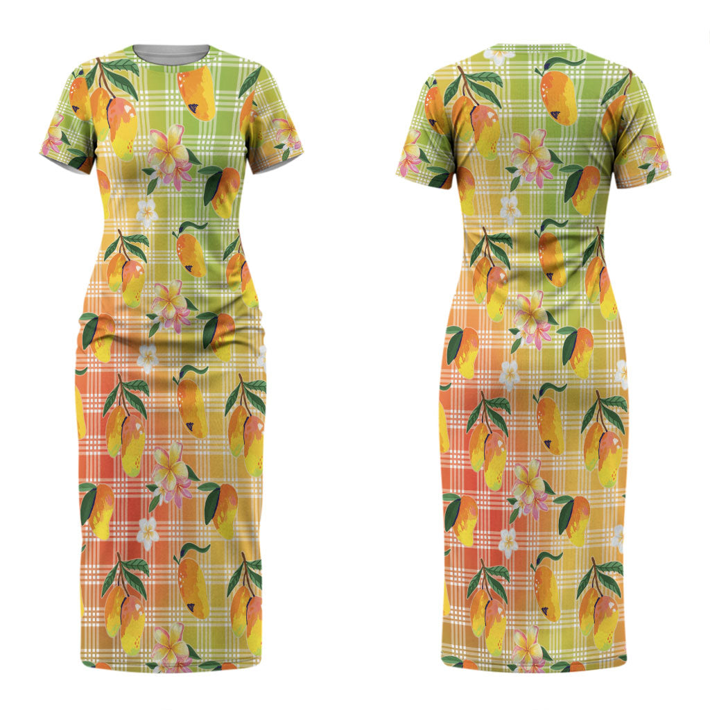Aloha Hawaii Palaka Print Mango Plumeria Couples Matching Short Sleeve Bodycon Dress and Long Sleeve Button Shirt Tropical Vibes