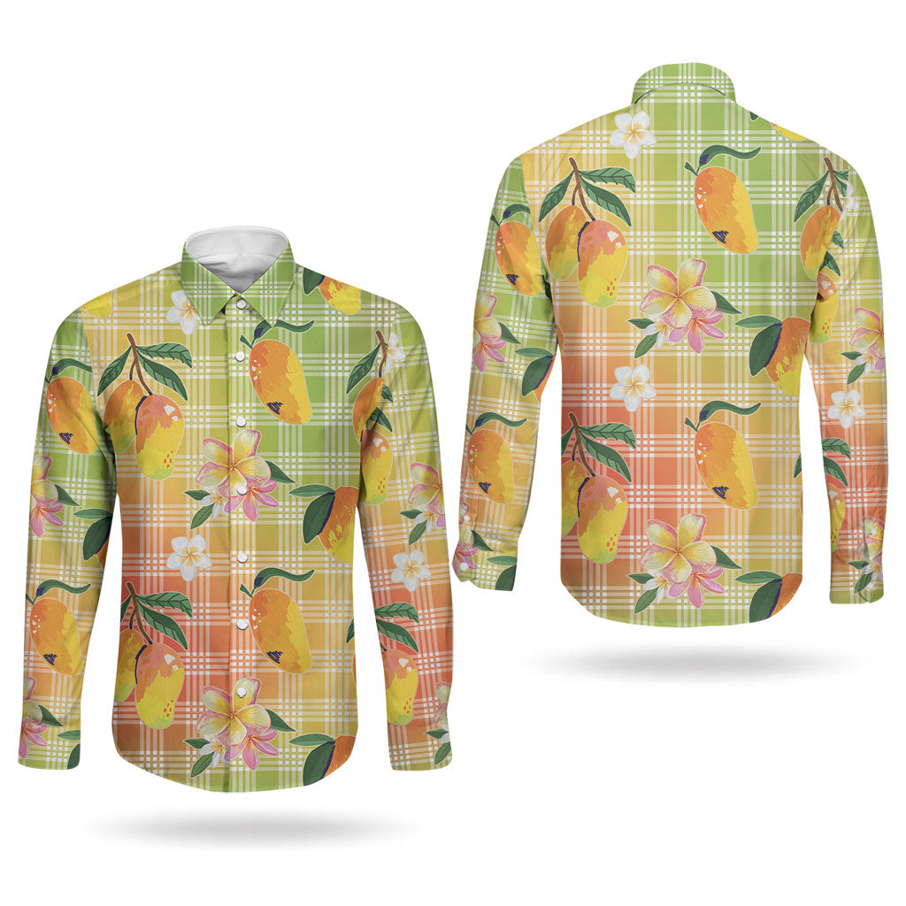 Aloha Hawaii Palaka Print Mango Plumeria Couples Matching Summer Maxi Dress and Long Sleeve Button Shirt Tropical Vibes