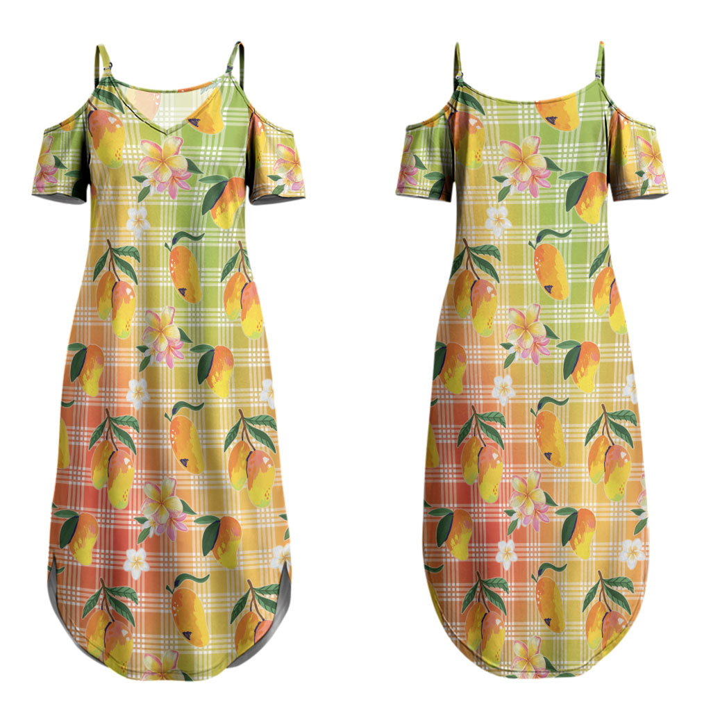 Aloha Hawaii Palaka Print Mango Plumeria Couples Matching Summer Maxi Dress and Long Sleeve Button Shirt Tropical Vibes