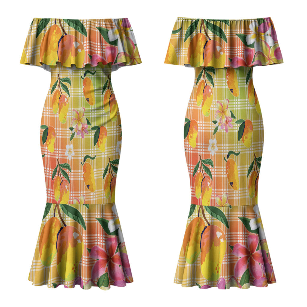 Aloha Hawaii Palaka Print Mango Plumeria Family Matching Mermaid Dress and Hawaiian Shirt Tropical Vibes