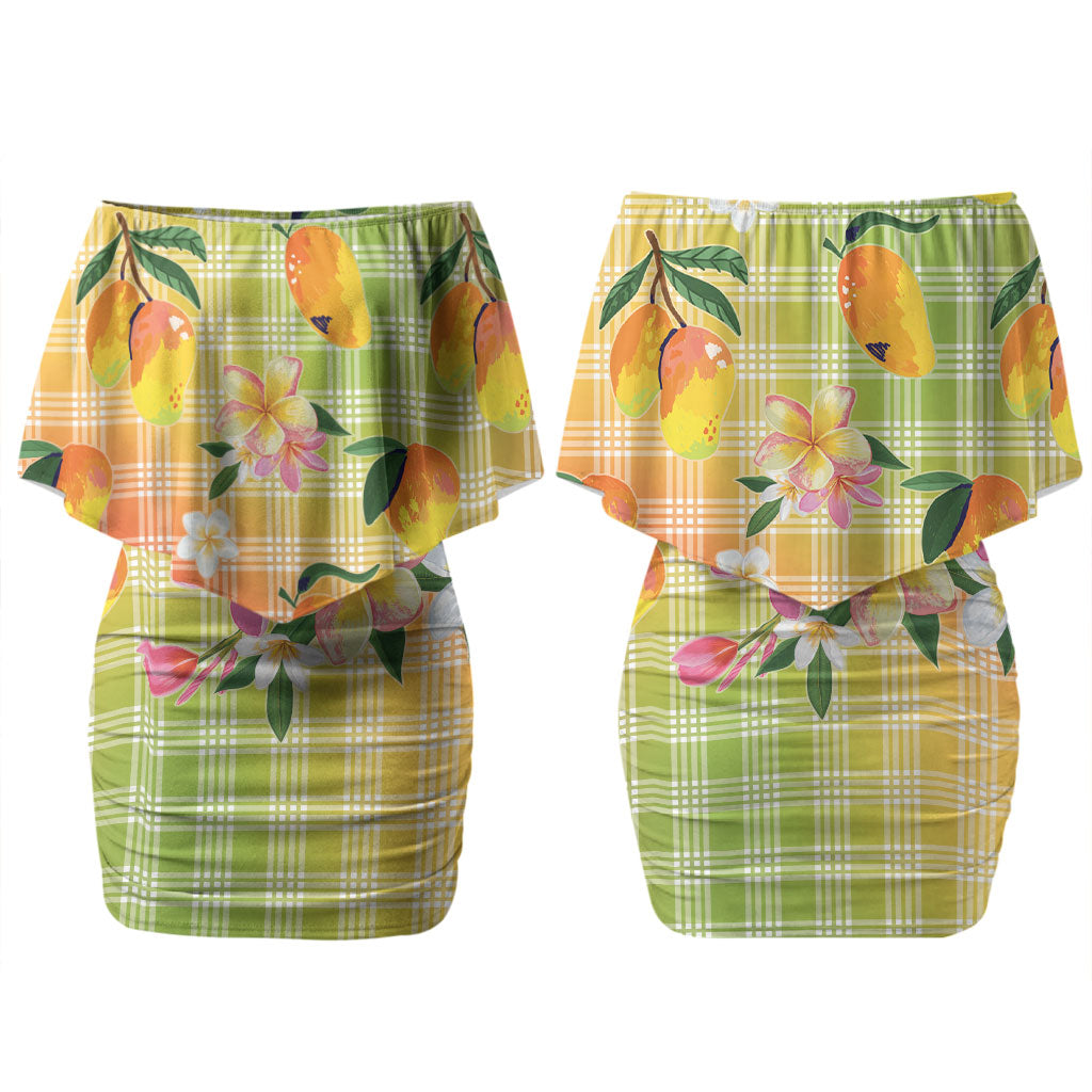 Aloha Hawaii Palaka Print Mango Plumeria Family Matching Off Shoulder Short Dress and Hawaiian Shirt Tropical Vibes