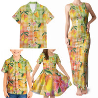 Aloha Hawaii Palaka Print Mango Plumeria Family Matching Tank Maxi Dress and Hawaiian Shirt Tropical Vibes