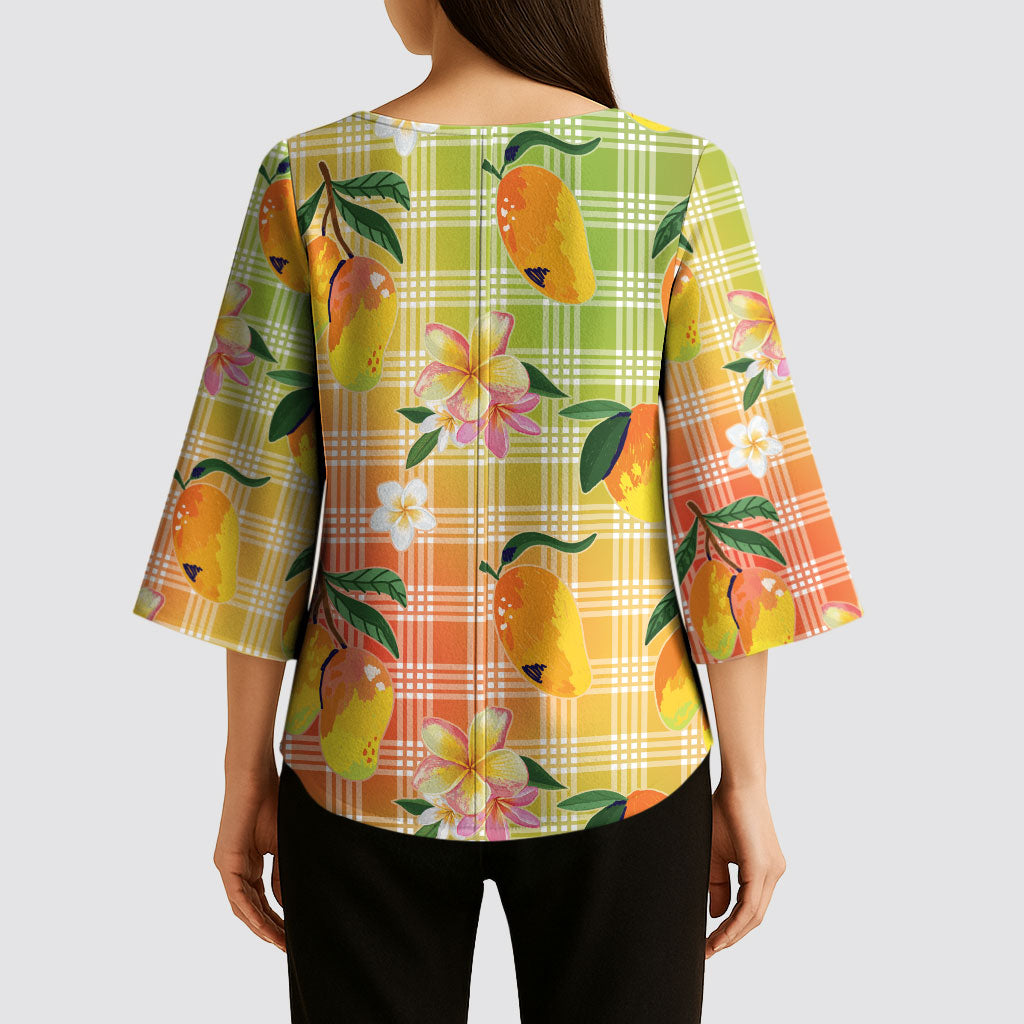 Aloha Hawaii Palaka Print Mango Plumeria Kimono Sleeve Blouse Tropical Vibes