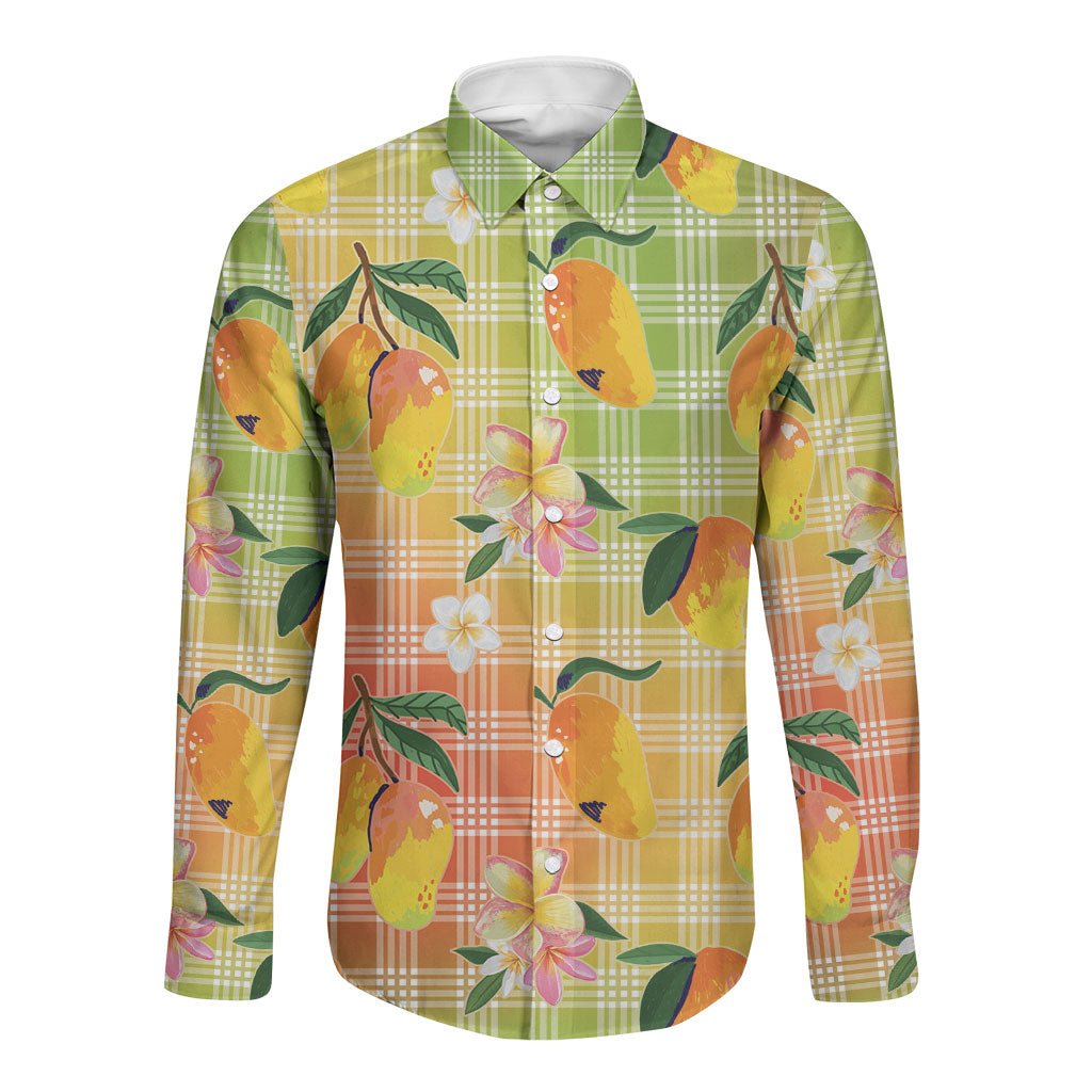 Aloha Hawaii Palaka Print Mango Plumeria Long Sleeve Button Shirt Tropical Vibes