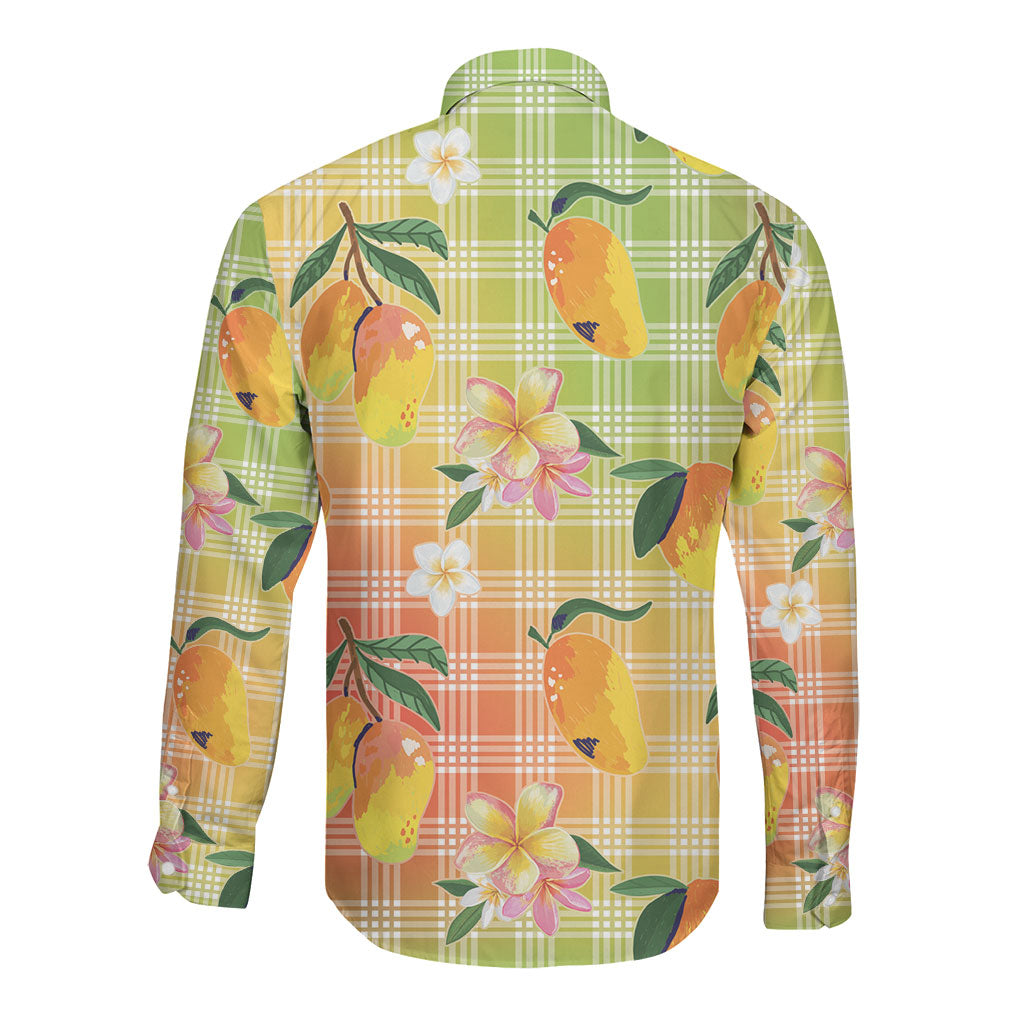 Aloha Hawaii Palaka Print Mango Plumeria Long Sleeve Button Shirt Tropical Vibes