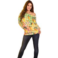 Aloha Hawaii Palaka Print Mango Plumeria Off Shoulder Sweater Tropical Vibes