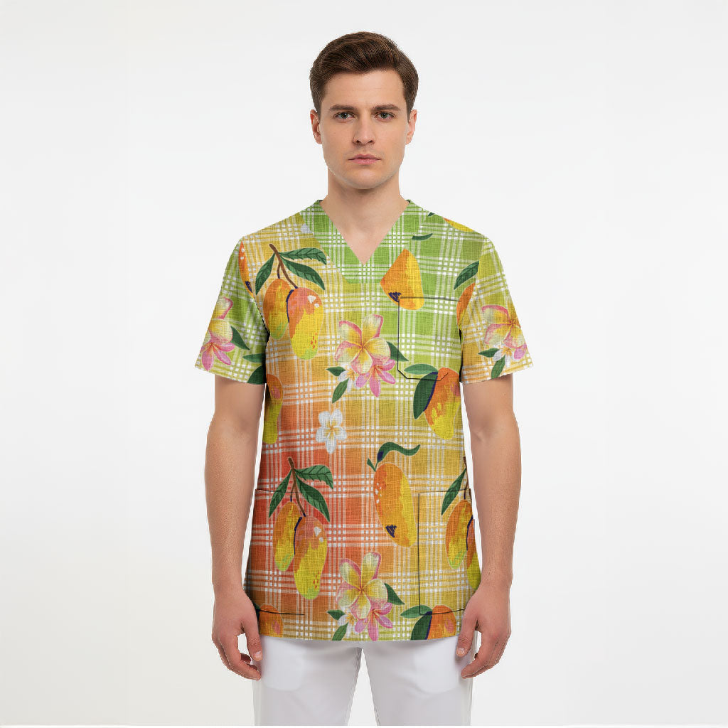 Aloha Hawaii Palaka Print Mango Plumeria Scrub Top Tropical Vibes