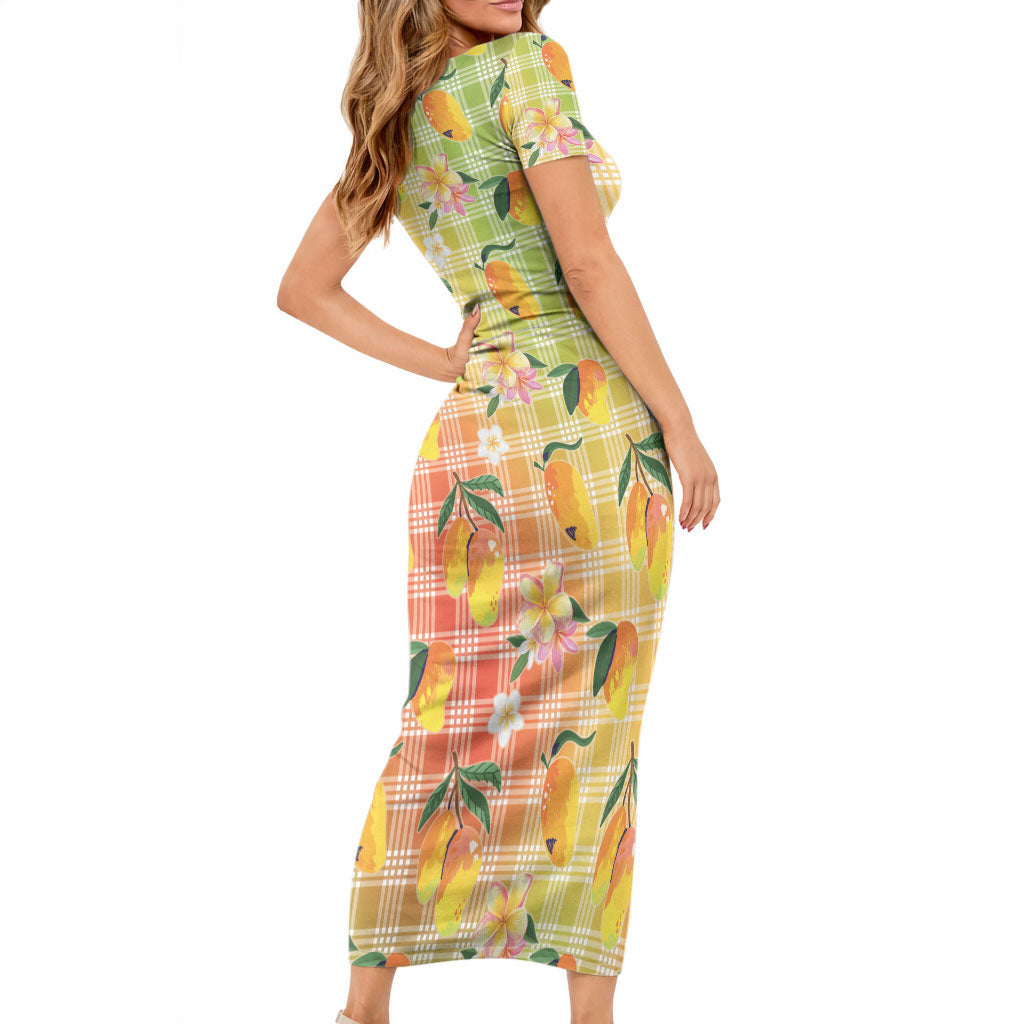 Aloha Hawaii Palaka Print Mango Plumeria Short Sleeve Bodycon Dress Tropical Vibes