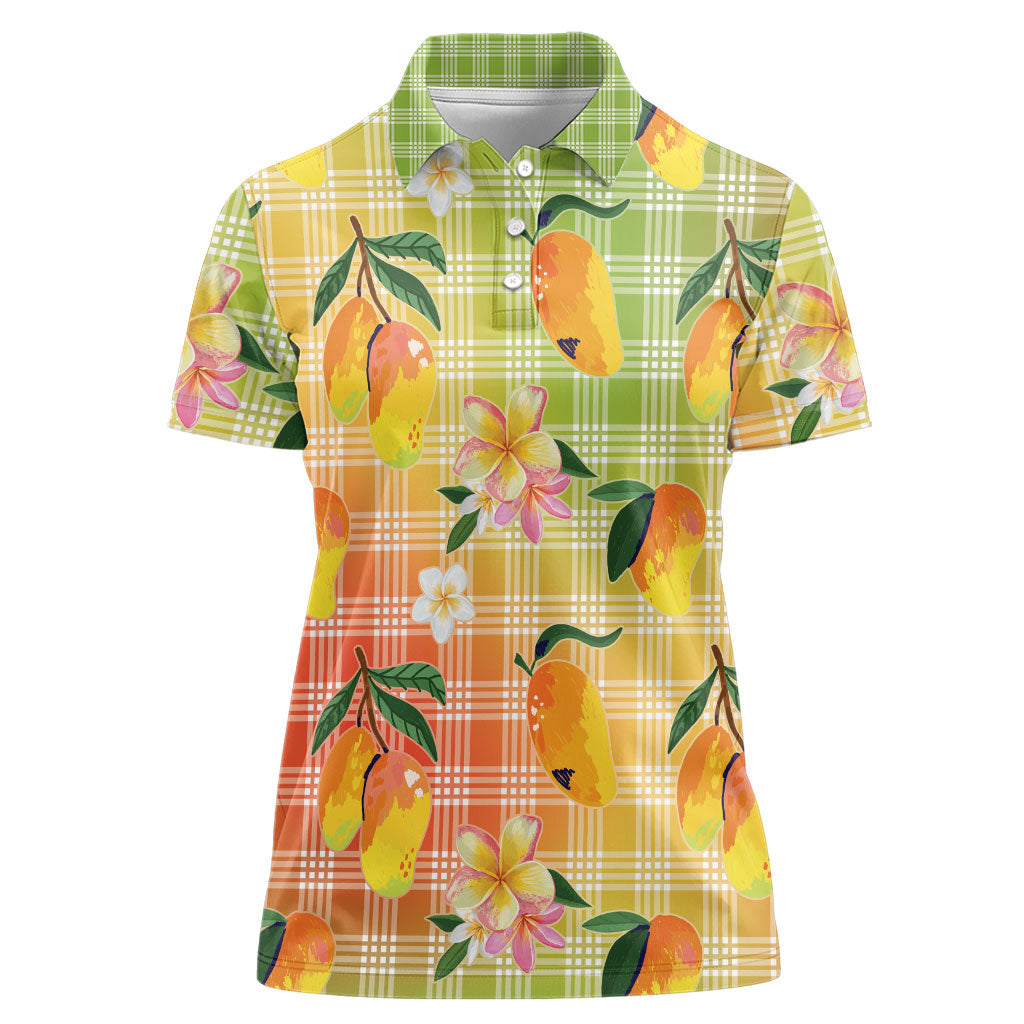 Aloha Hawaii Palaka Print Mango Plumeria Women Polo Shirt Tropical Vibes