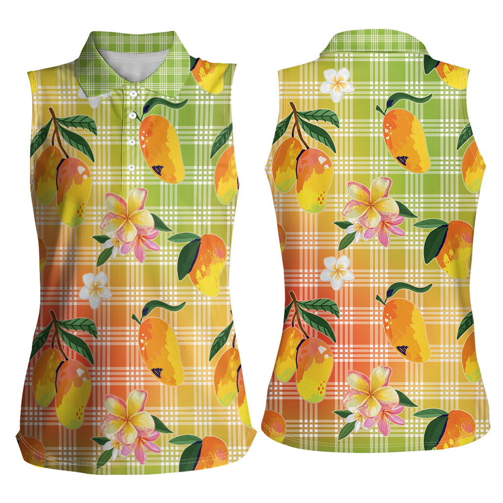 Aloha Hawaii Palaka Print Mango Plumeria Women Sleeveless Polo Shirt Tropical Vibes