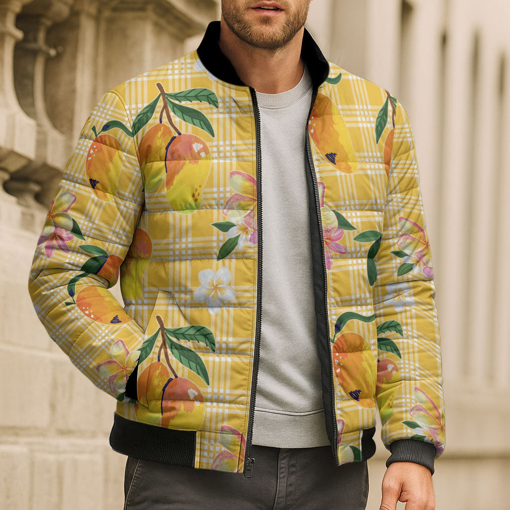 Aloha Hawaii Palaka Print Mango Plumeria Bomber Puffer Jacket Fresh Lemon