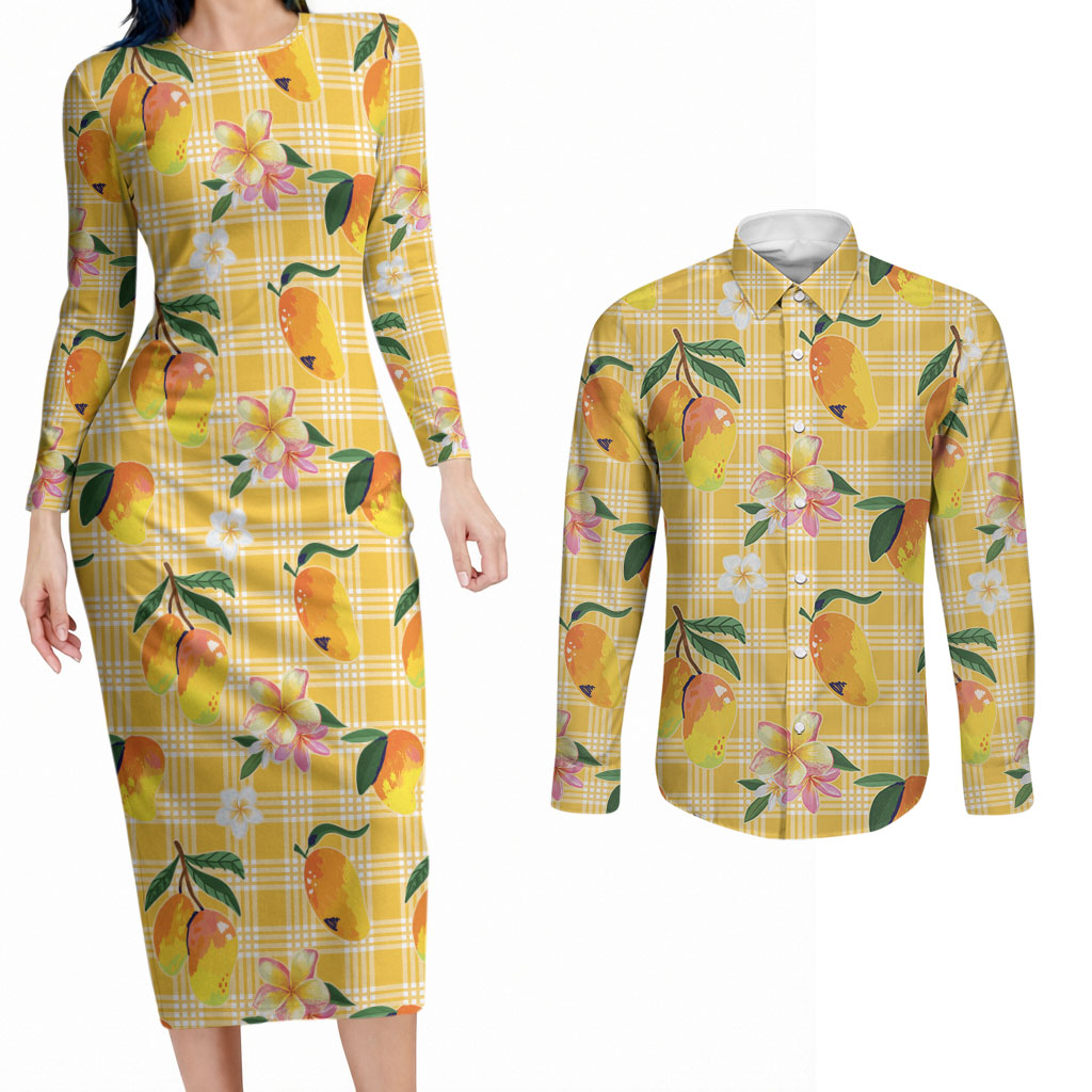 Aloha Hawaii Palaka Print Mango Plumeria Couples Matching Long Sleeve Bodycon Dress and Long Sleeve Button Shirt Fresh Lemon