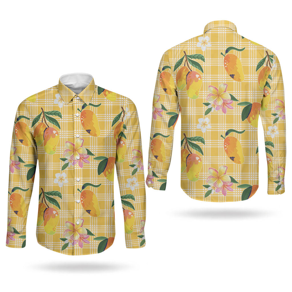 Aloha Hawaii Palaka Print Mango Plumeria Couples Matching Mermaid Dress and Long Sleeve Button Shirt Fresh Lemon