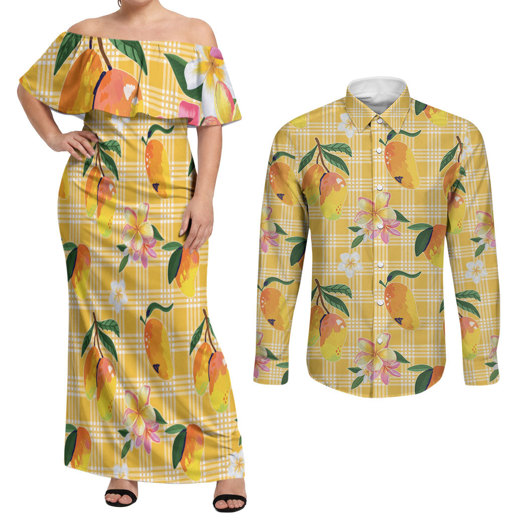 Aloha Hawaii Palaka Print Mango Plumeria Couples Matching Off Shoulder Maxi Dress and Long Sleeve Button Shirt Fresh Lemon