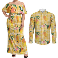 Aloha Hawaii Palaka Print Mango Plumeria Couples Matching Off Shoulder Maxi Dress and Long Sleeve Button Shirt Fresh Lemon