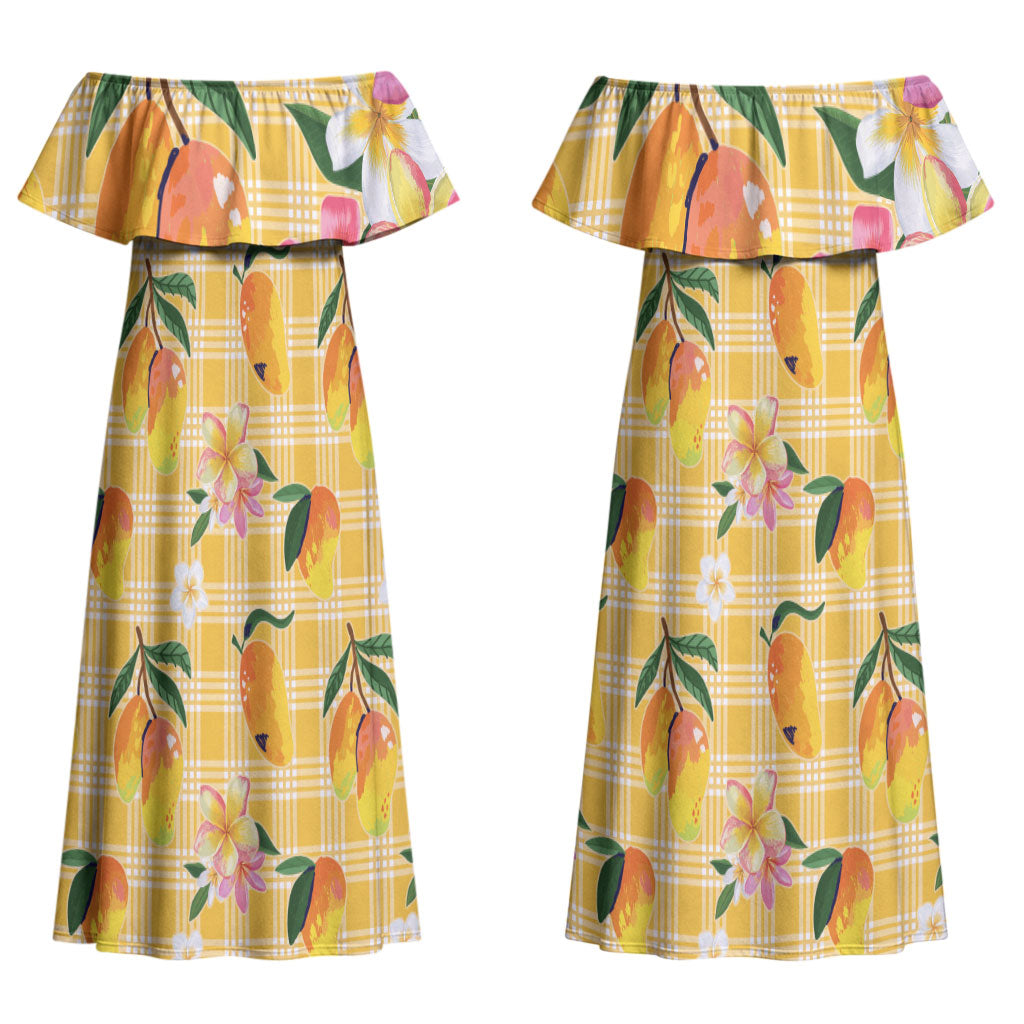 Aloha Hawaii Palaka Print Mango Plumeria Couples Matching Off Shoulder Maxi Dress and Long Sleeve Button Shirt Fresh Lemon
