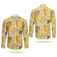 Aloha Hawaii Palaka Print Mango Plumeria Couples Matching Off Shoulder Short Dress and Long Sleeve Button Shirt Fresh Lemon