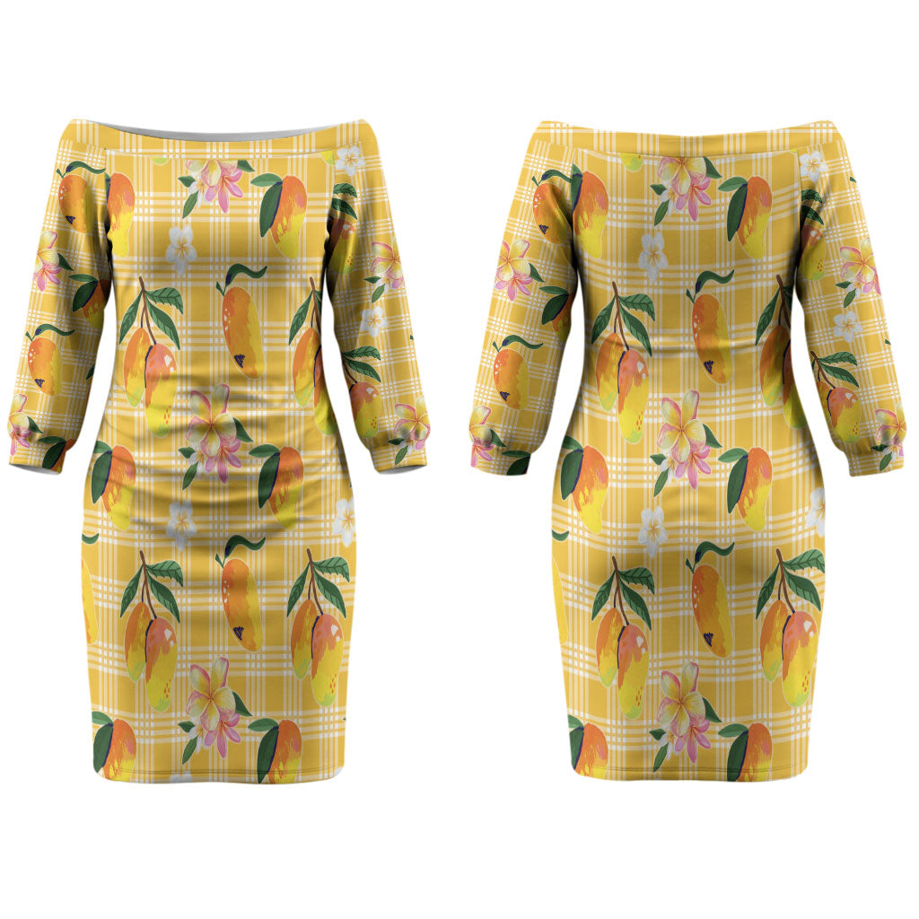 Aloha Hawaii Palaka Print Mango Plumeria Couples Matching Off The Shoulder Long Sleeve Dress and Hawaiian Shirt Fresh Lemon