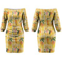 Aloha Hawaii Palaka Print Mango Plumeria Couples Matching Off The Shoulder Long Sleeve Dress and Long Sleeve Button Shirt Fresh Lemon