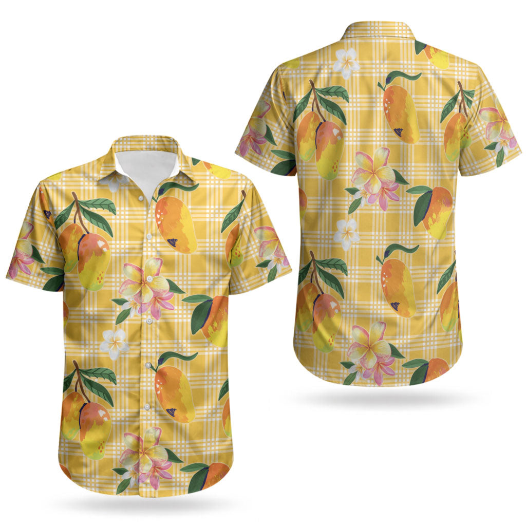 Aloha Hawaii Palaka Print Mango Plumeria Couples Matching Puletasi and Hawaiian Shirt Fresh Lemon