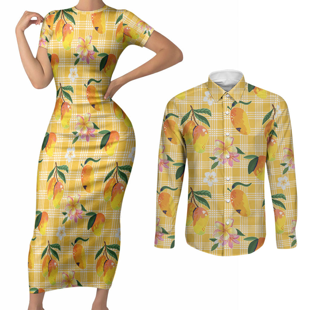 Aloha Hawaii Palaka Print Mango Plumeria Couples Matching Short Sleeve Bodycon Dress and Long Sleeve Button Shirt Fresh Lemon