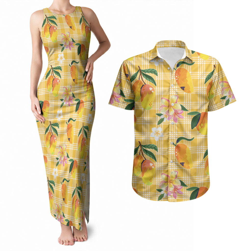 Aloha Hawaii Palaka Print Mango Plumeria Couples Matching Tank Maxi Dress and Hawaiian Shirt Fresh Lemon