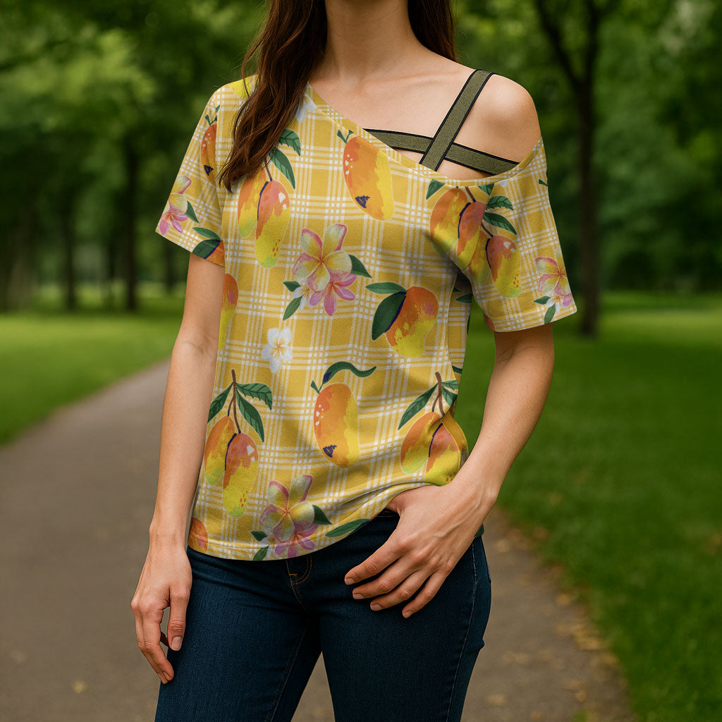 Aloha Hawaii Palaka Print Mango Plumeria Cross Shoulder Shirt Fresh Lemon