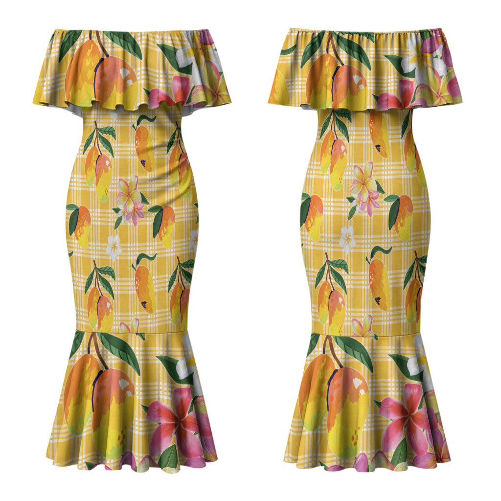 Aloha Hawaii Palaka Print Mango Plumeria Family Matching Mermaid Dress and Hawaiian Shirt Fresh Lemon