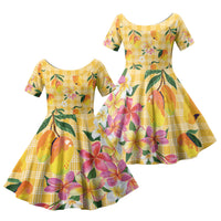 Aloha Hawaii Palaka Print Mango Plumeria Family Matching Off Shoulder Short Dress and Hawaiian Shirt Fresh Lemon