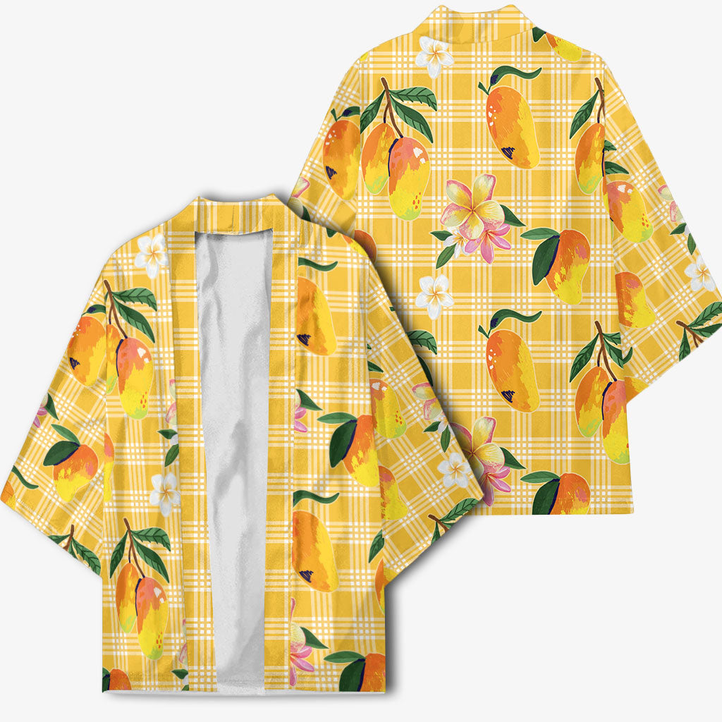Aloha Hawaii Palaka Print Mango Plumeria Kimono Fresh Lemon
