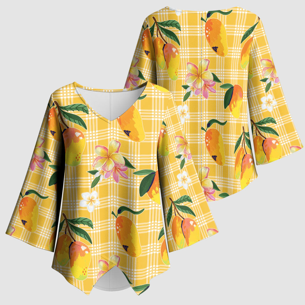 Aloha Hawaii Palaka Print Mango Plumeria Kimono Sleeve Blouse Fresh Lemon