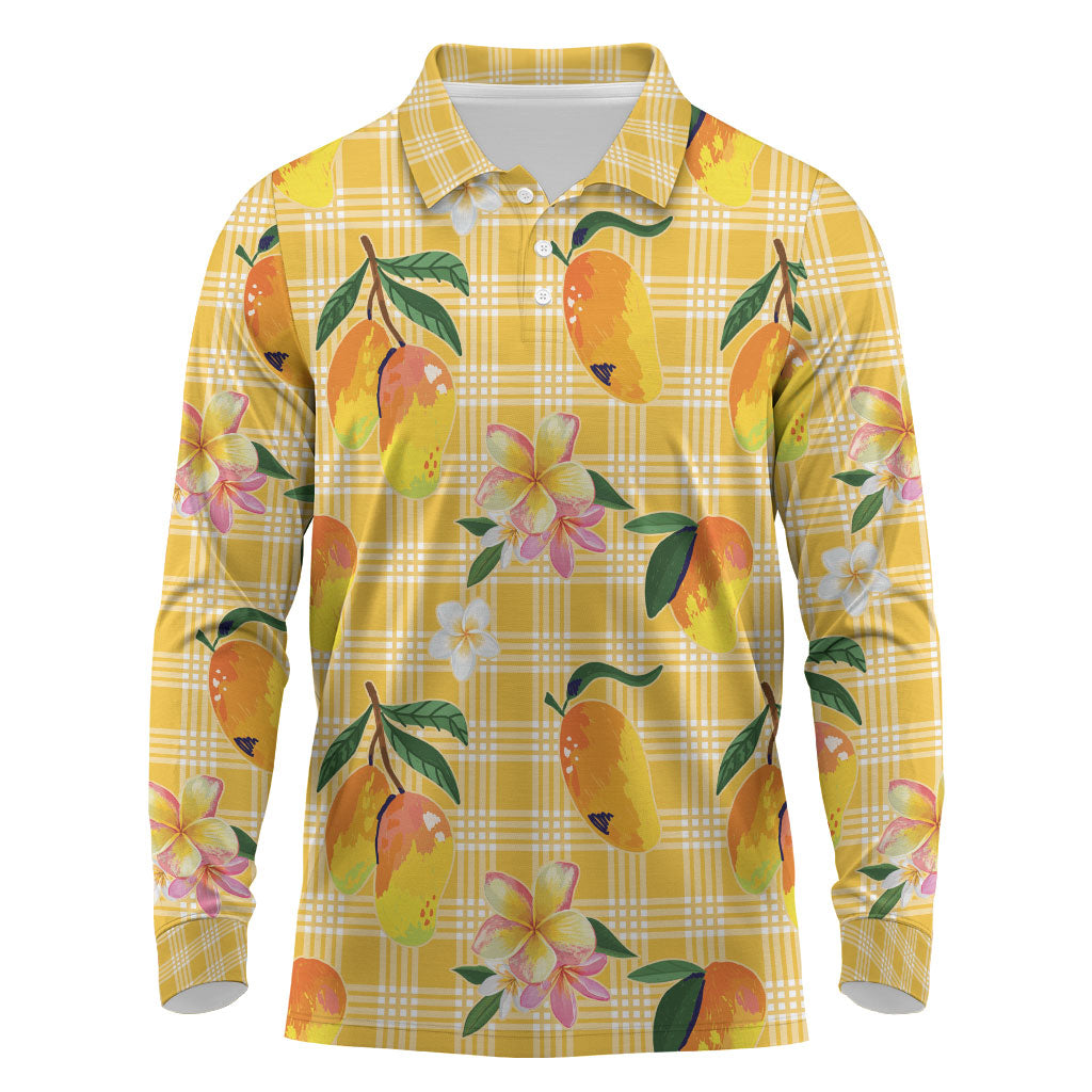 Aloha Hawaii Palaka Print Mango Plumeria Long Sleeve Polo Shirt Fresh Lemon
