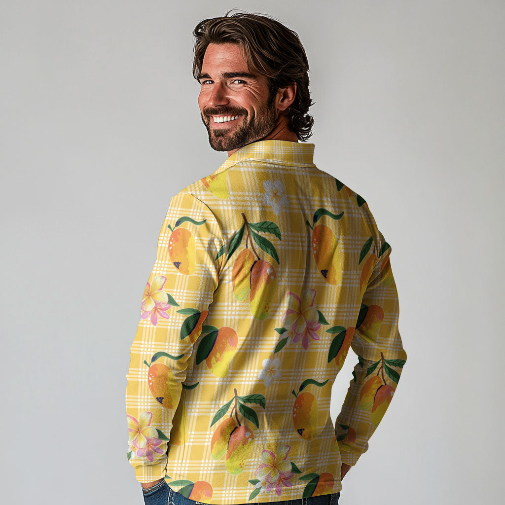 Aloha Hawaii Palaka Print Mango Plumeria Long Sleeve Polo Shirt Fresh Lemon