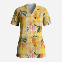 Aloha Hawaii Palaka Print Mango Plumeria Scrub Top Fresh Lemon