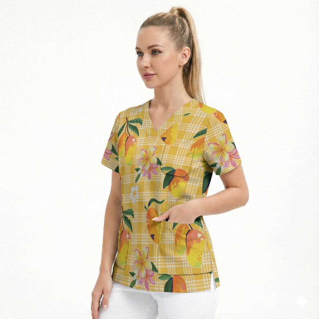 Aloha Hawaii Palaka Print Mango Plumeria Scrub Top Fresh Lemon