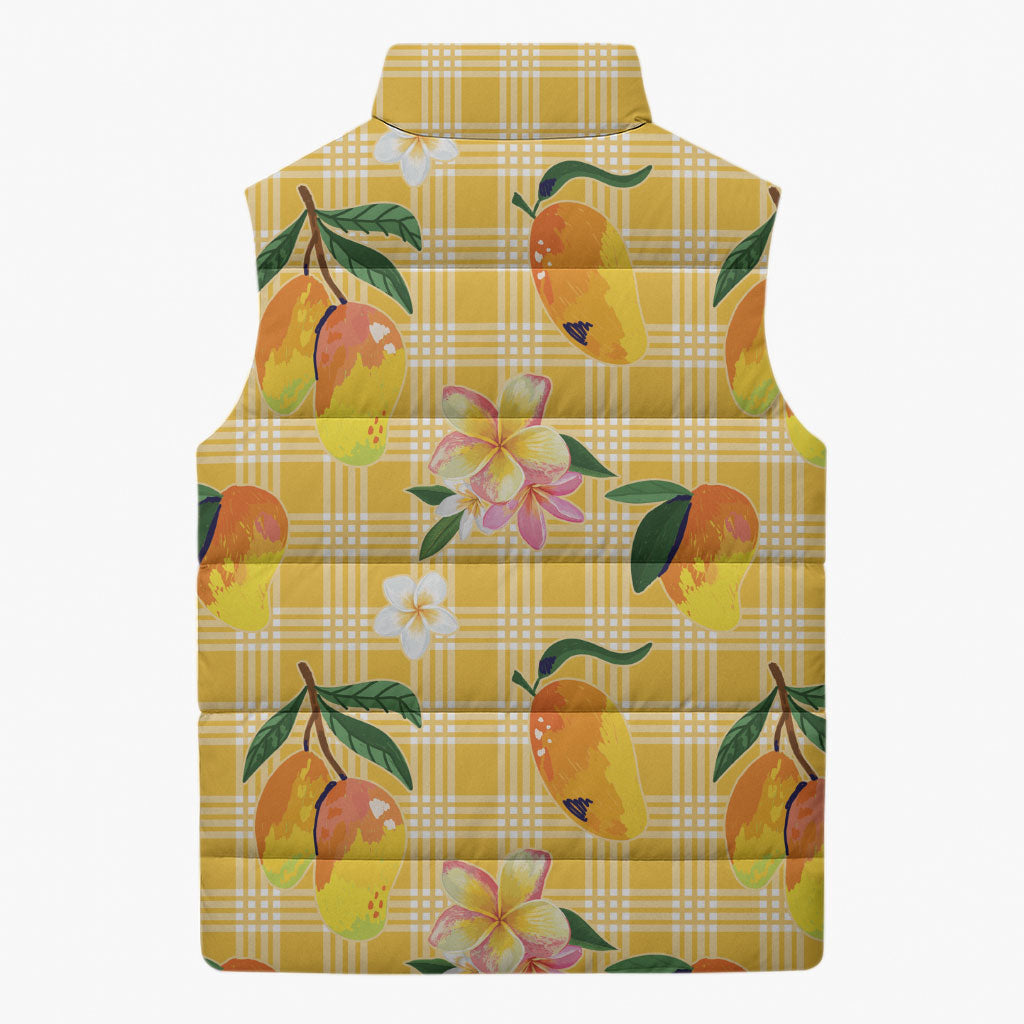 Aloha Hawaii Palaka Print Mango Plumeria Sleeveless Puffer Jacket Fresh Lemon