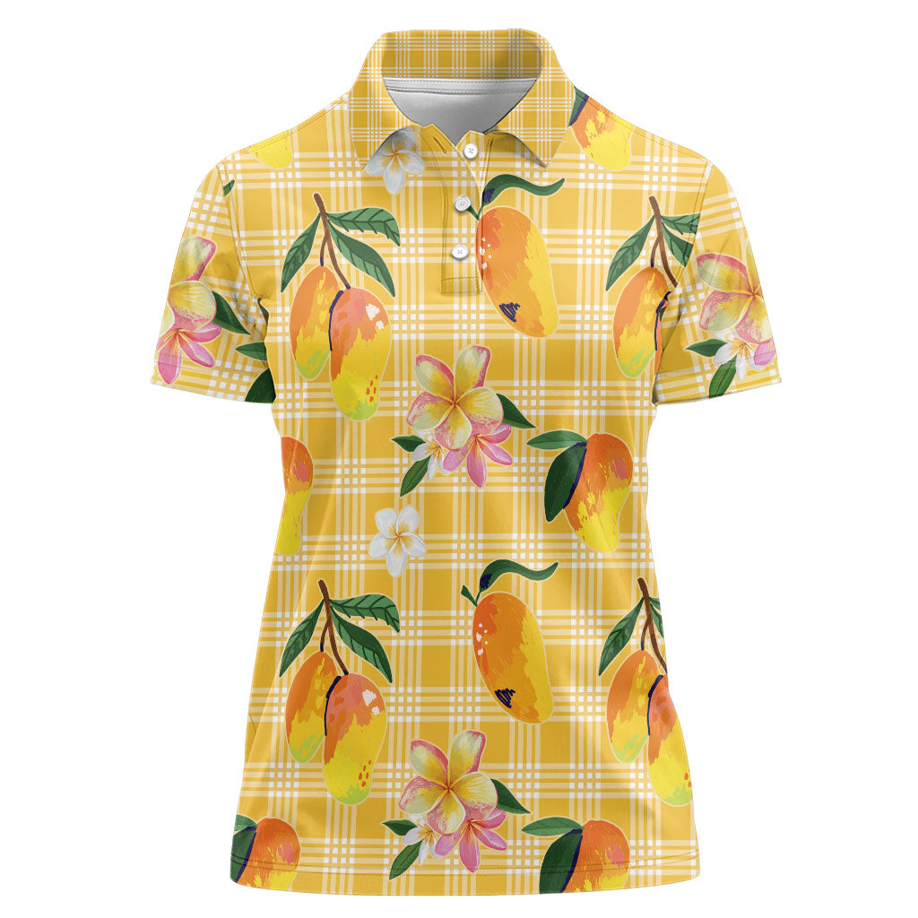 Aloha Hawaii Palaka Print Mango Plumeria Women Polo Shirt Fresh Lemon